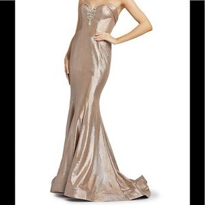 MAC DUGGAL Strapless Shimmer Trumpet Gown WITH JEWEL DETAIL,new, sz 16,$538,NUDE